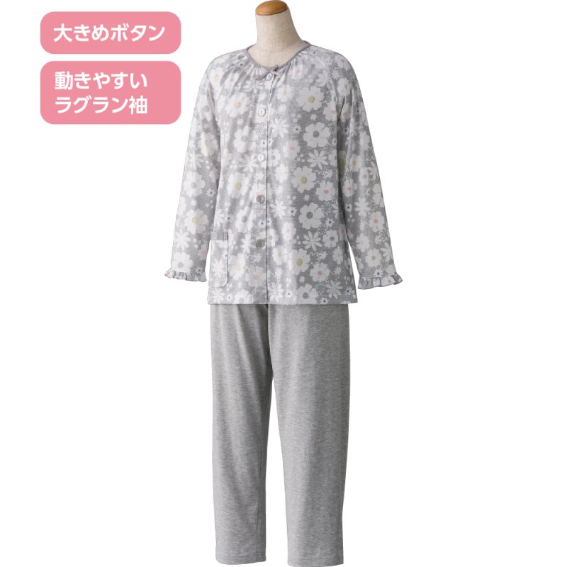 画像1: 天竺花柄大きめボタンパジャマ（春夏用） (1)